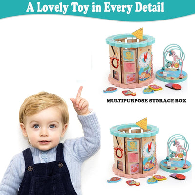 Fidtoy Cubo de actividades de madera 8 en 1 – Juguete de aprendizaje multi-actividad Montessori para niños pequeños