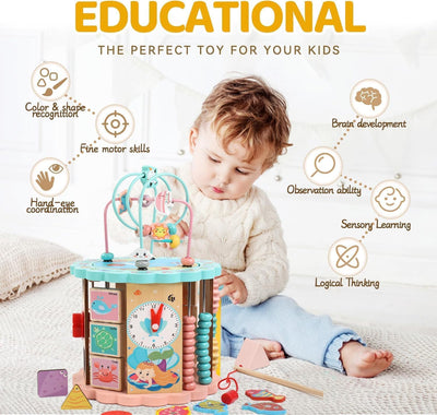 Fidtoy Cubo de actividades de madera 8 en 1 – Juguete de aprendizaje multi-actividad Montessori para niños pequeños