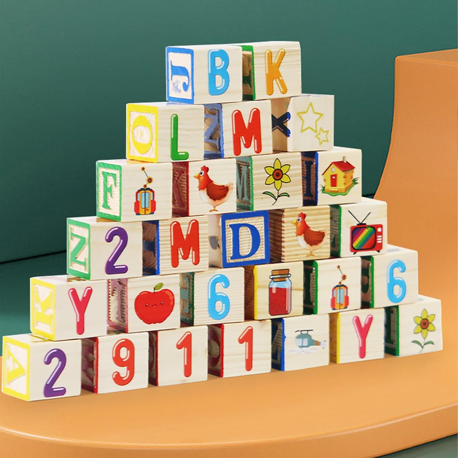 Fidtoy Boîte de Blocs de Construction de Mots en Bois avec Cartes, Ensemble de Blocs Alphabet et de Cartes Illustrées avec 27 Blocs, 20 Cartes Double Face et Boîte de Rangement Âge 3+