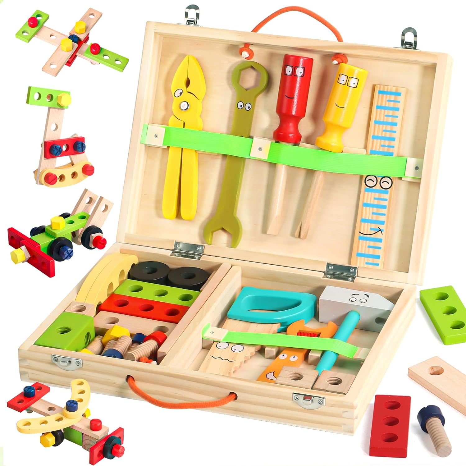 Fidtoy Wooden Tool Box Toy for Kids – Montessori Pretend Play Construction Set