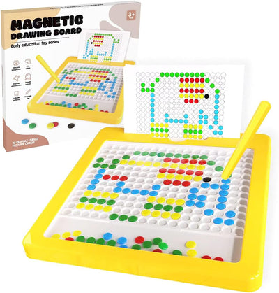 Fidtoy Small Magnetic Beads Drawing Board for Kids Ages 2-6, Yellow Plastic Magnetic Drawing Pad with Magnetic Pen, 10 Double-Sided Pattern Cards, Sealed Acrylic Panel and Fine Motor Creative Play