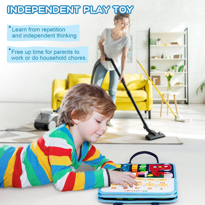 MAMPO Busy Board Montessori Toys for 1 2 3 4 Year Old Children, Learning Basic Skills Toddler Travel Toy with Alphabet & Matching Games, 16-in-1 Animal Theme Portable Busy Board