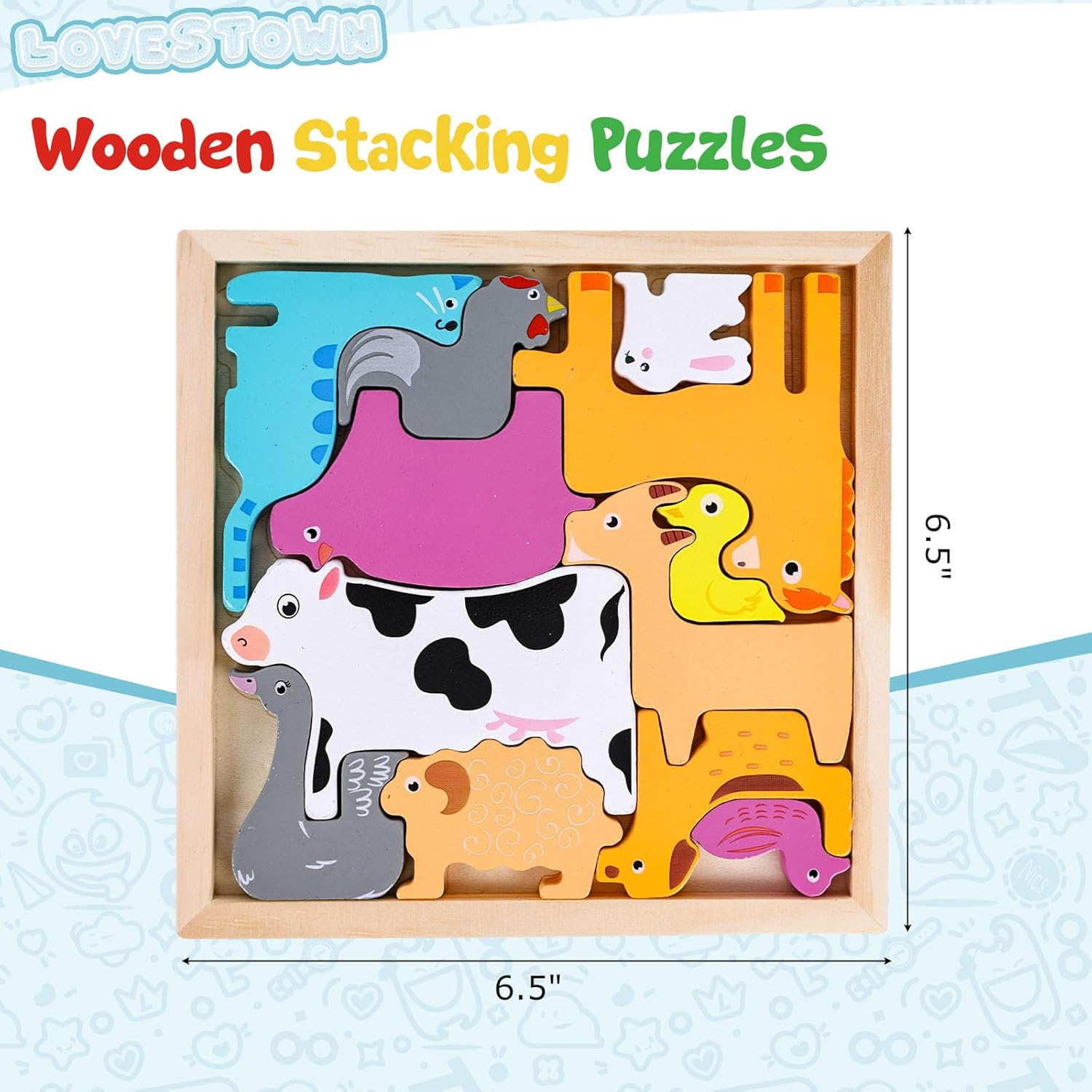 Fidtoy Farm Animal Tangram – Rompecabezas de madera Montessori para niños pequeños