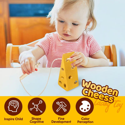 USATDD Jouets à lacer en bois en forme de fromage, jouets à enfiler pour la motricité fine, jeu de voyage en avion ou en voiture, puzzle Montessori pour la cognition préscolaire, cadeau pour les tout-petits et les enfants de 3 ans et plus