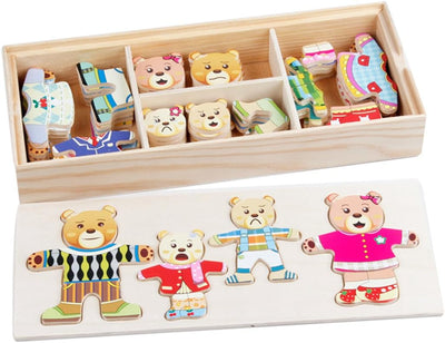 Fidtoy Famille d'ours en bois à habiller pour tout-petits – Jouet éducatif créatif avec tenues et expressions