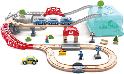 Fidtoy Circuit de train de ville en bois avec seau de rangement