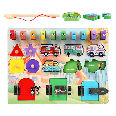 Fidtoy Planche d'activités Montessori en bois pour tout-petits avec serrures, interrupteurs, formes, chiffres, jouet d'apprentissage, motricité fine, jouet de voyage silencieux, cadeau