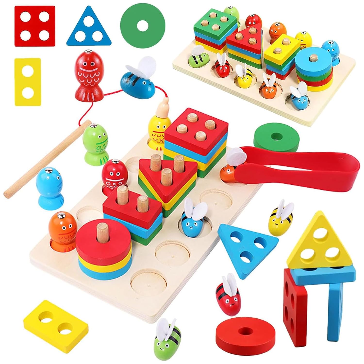 Fidtoy 3 in 1 Bee Clipping and Magnetic Fishing Four Column Shape Kit, Wooden Shape Sorting and Fine Motor Learning Toy Ages 2-6