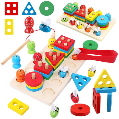 Fidtoy 3 in 1 Bee Clipping and Magnetic Fishing Four Column Shape Kit, Wooden Shape Sorting and Fine Motor Learning Toy Ages 2-6