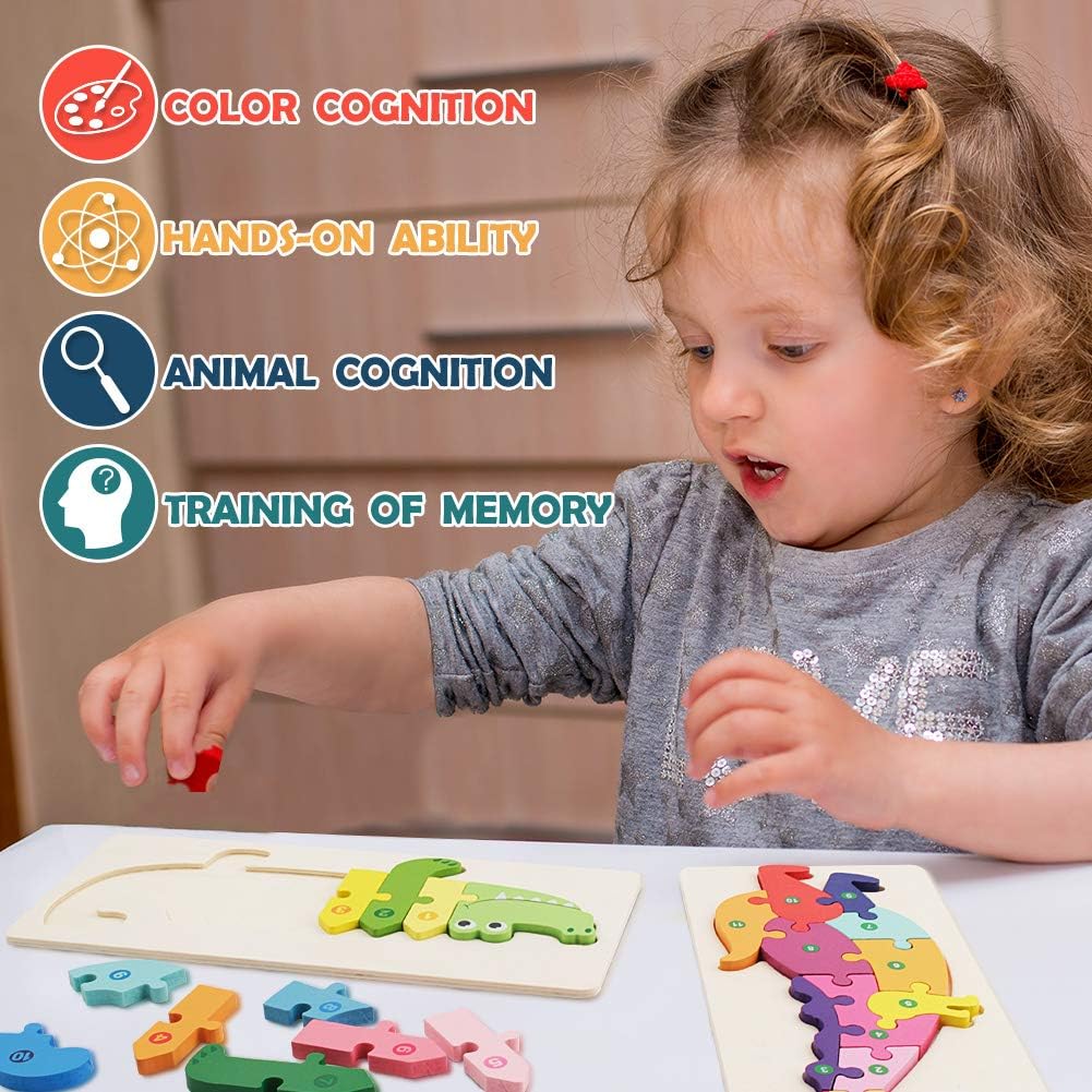 Fidtoy 3D Wooden Crocodile Puzzle Board, Wooden Animal Board for Toddlers, Preschool Matching Puzzle, Fine Motor Color Recognition Toy Ages 2-6