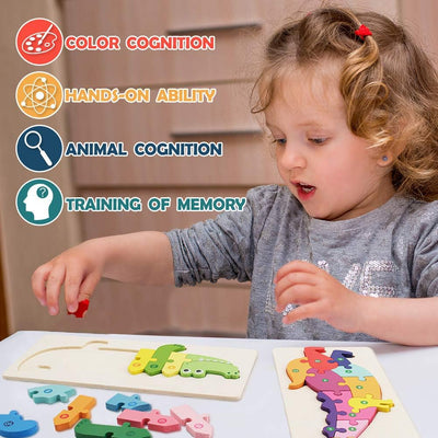 Fidtoy Plateau de puzzle 3D en bois crocodile, Plateau d'animaux en bois pour tout-petits, Puzzle d'association préscolaire, Jouet de reconnaissance des couleurs motricité fine pour les 2-6 ans