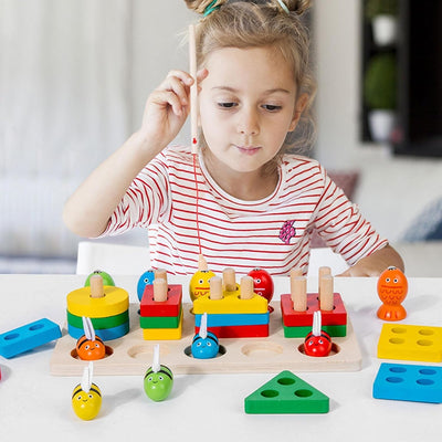 Fidtoy 3 in 1 Bee Clipping and Magnetic Fishing Four Column Shape Kit, Wooden Shape Sorting and Fine Motor Learning Toy Ages 2-6