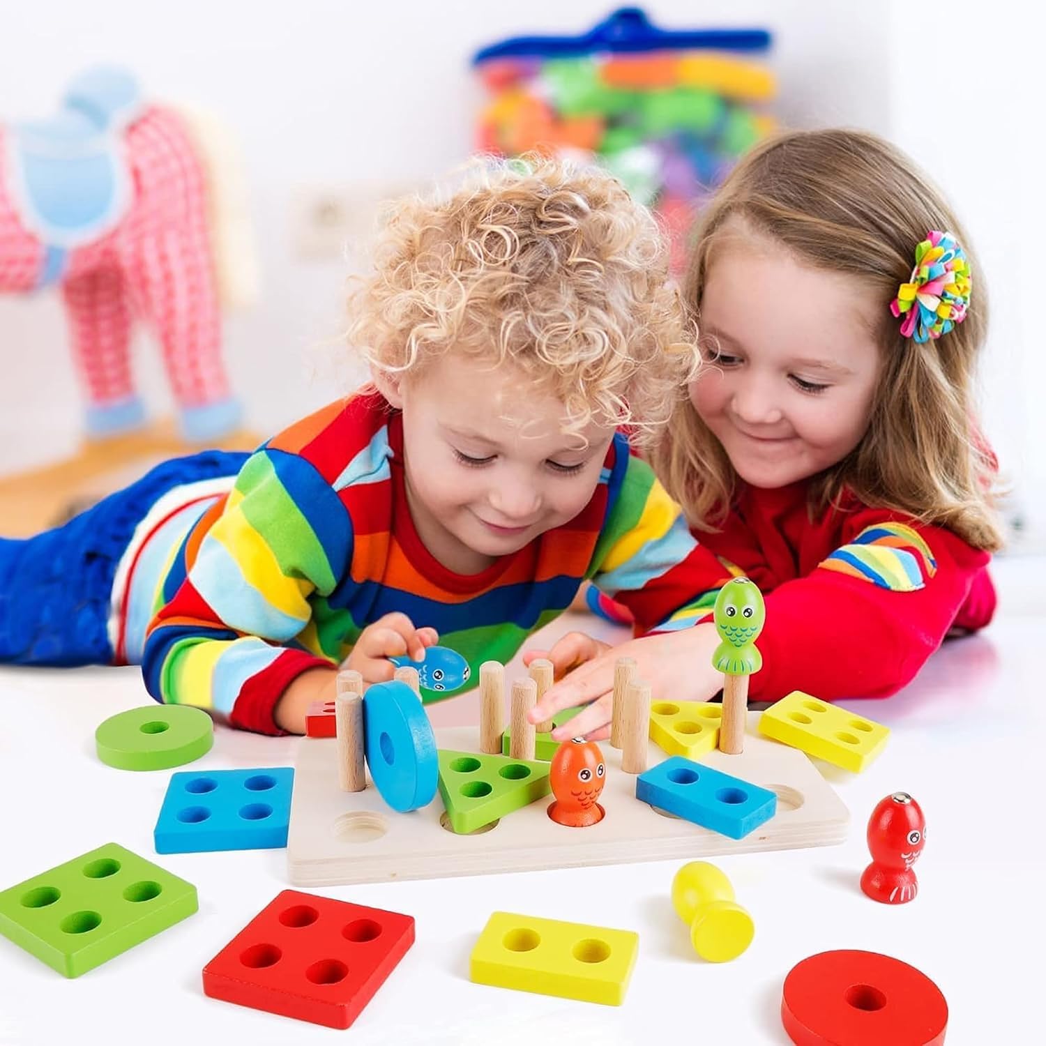 Fidtoy 3 in 1 Bee Clipping and Magnetic Fishing Four Column Shape Kit, Wooden Shape Sorting and Fine Motor Learning Toy Ages 2-6