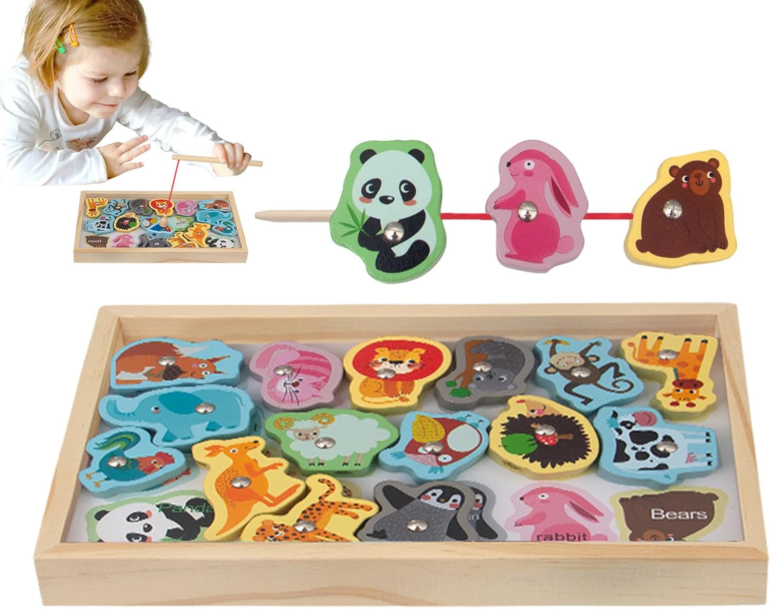 Jouets de Pêche en Bois, Jeu de Pêche Magnétique 2 en 1 Sûr et Inoffensif - Jeu de Pêche Montessori Sans Bord Pointu Cadeau d'Anniversaire Noël pour Garçons Filles Hiyoyo