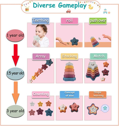 Fidtoy Juguete Apilable de Estrellas de Silicona para Niños Pequeños Set de Aprendizaje Sensorial Montessori