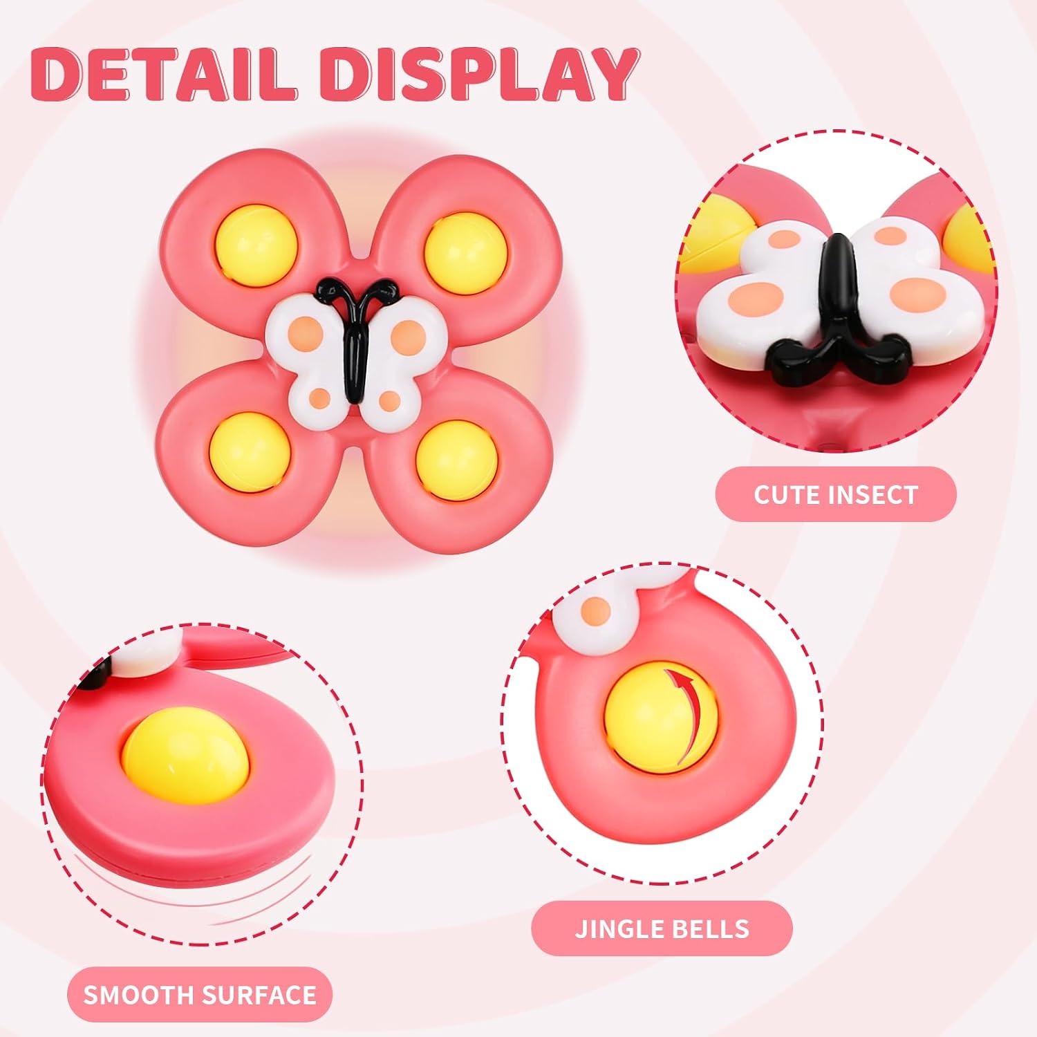 Fidtoy Suction Cup Activity Spinner Toy 3 Pieces for Babies 0-2, Colorful Insect Sensory Spinner Toys with Suction Cup Base, Plastic Round Tabletop Bath Travel Toy