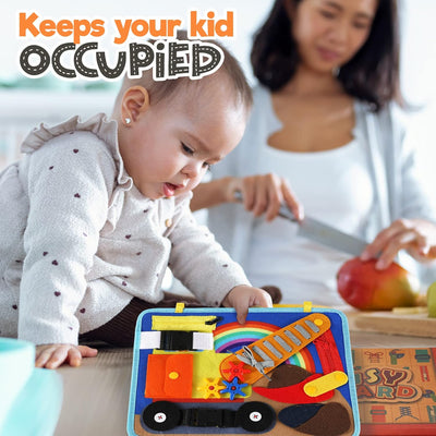 Tablette d'activités pour les tout-petits de 1 à 3 ou de 2 à 4 ans, jouet éducatif Montessori, compétences de base pour la vie et motricité fine pour les enfants, apprendre à s'habiller, jouet sensoriel comme un avion ou un jeu de voyage en voiture