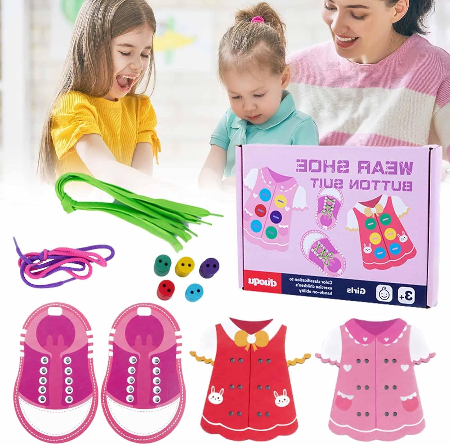 Jouets de laçage de vêtements - Planche de compétences de vie de base, Jouet de laçage de vêtements en bois, Jouet d'apprentissage des compétences motrices fines en bois, Cadeau Montessori, Cadeaux éducatifs précoces pour les enfants, Nouveau Pingpai