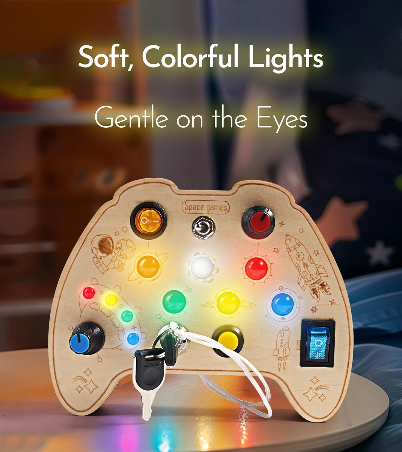 KidMigo Planche d'activités Montessori en bois avec interrupteur LED et interrupteurs à clé pour la motricité fine, jouets sensoriels pour les 2-5 ans et plus