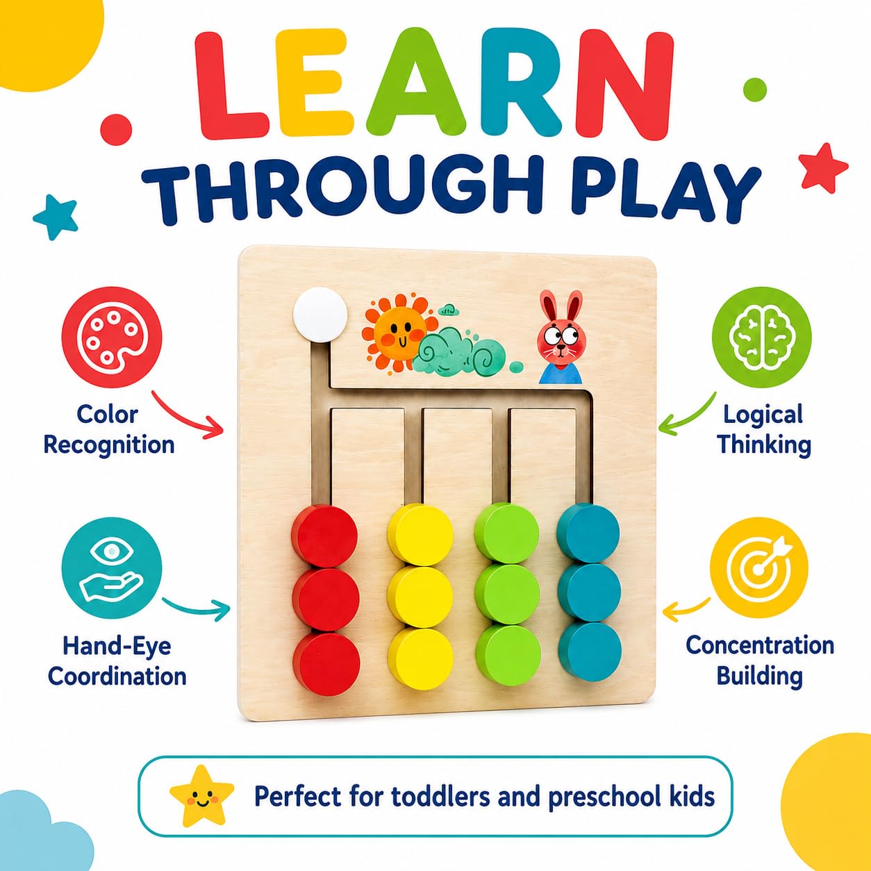 Fidtoy Small Wooden 4 Colour Logic Game for Kids Ages 3+, Compact Wooden Maze Puzzle with Sliding Shapes, Color Matching, Fine Motor Play and Problem Solving Learning Board