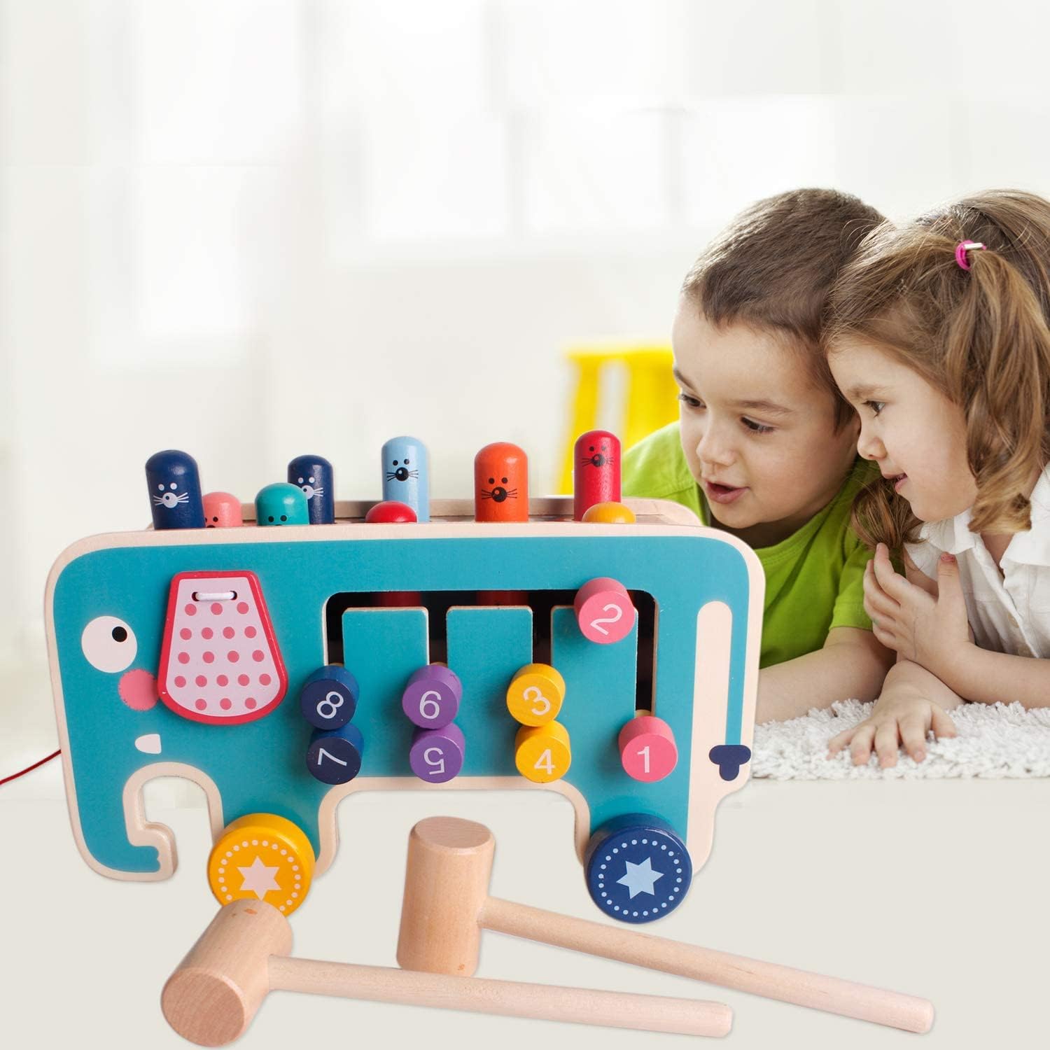Fidtoy Montessori Pillonage Bench for Toddlers – Wooden Musical Hammer Toy for Early Learning & Fine Motor Skills