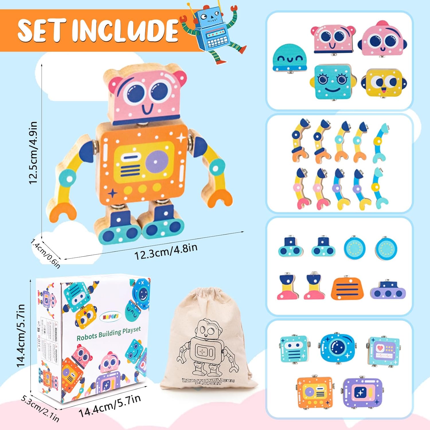 Fidtoy Wooden Robot Building Toy Snap Construction Set for Kids