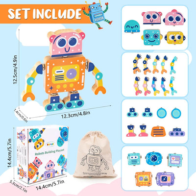 Fidtoy Wooden Robot Building Toy Snap Construction Set for Kids