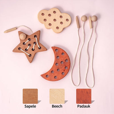 Jouets à lacer en bois FlameFlash pour tout-petits de 1 à 3 ans, jouets à enfiler en bois massif, jouets pour tout-petits silencieux lune/étoiles/nuage pour voyage en avion, jouets sensoriels pour la motricité fine pour enfants de 2 3 4 ans (bois naturel)