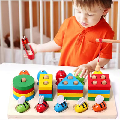 Fidtoy 3 in 1 Bee Clipping and Magnetic Fishing Four Column Shape Kit, Wooden Shape Sorting and Fine Motor Learning Toy Ages 2-6