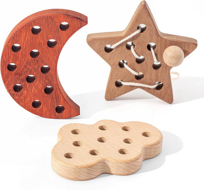 Jouets à lacer en bois FlameFlash pour tout-petits de 1 à 3 ans, jouets à enfiler en bois massif, jouets pour tout-petits silencieux lune/étoiles/nuage pour voyage en avion, jouets sensoriels pour la motricité fine pour enfants de 2 3 4 ans (bois naturel)