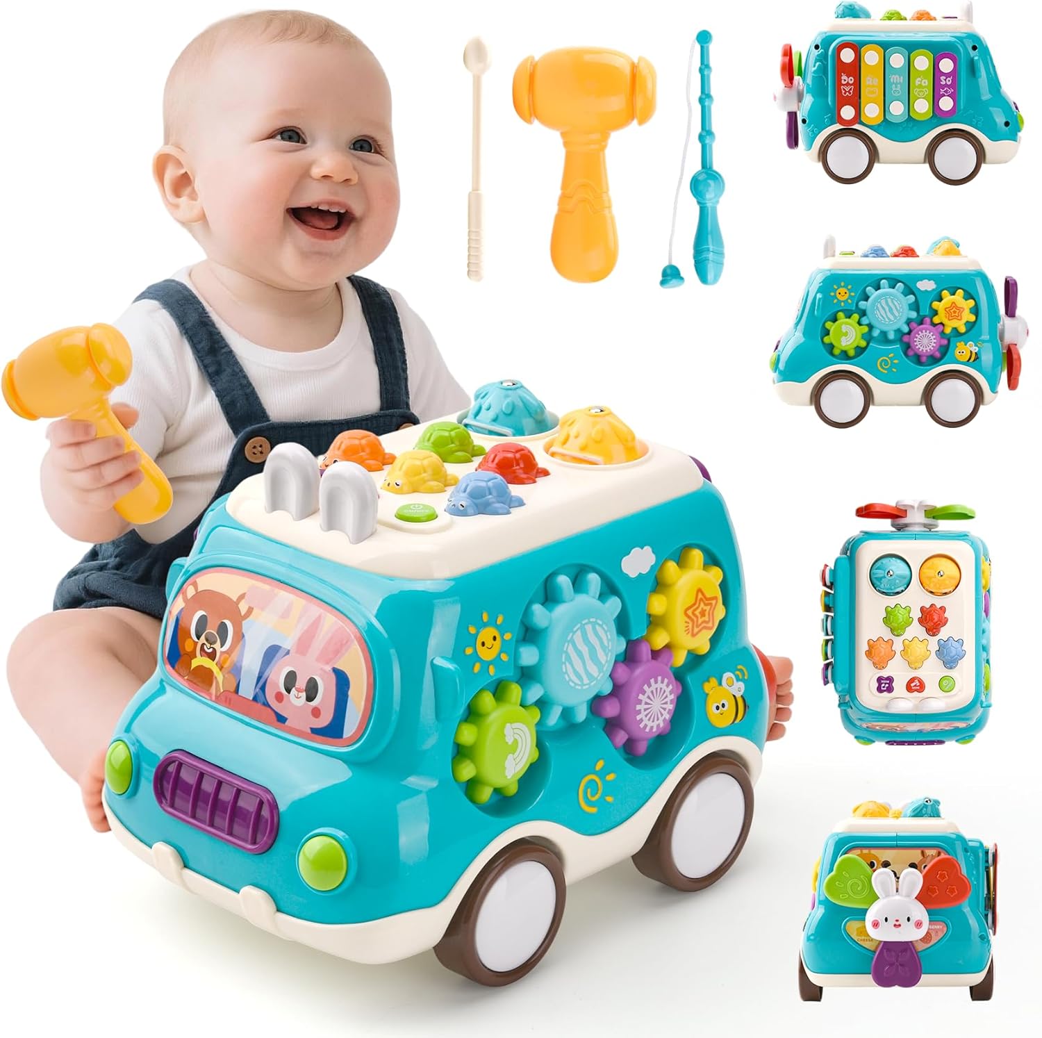 Fidtoy 6-in-1 Multiple Activity and Learners Car for Toddlers, Musical Activity Bus Toy with Xylophone, Gears, Fishing Game and Music Mode Age 18M+