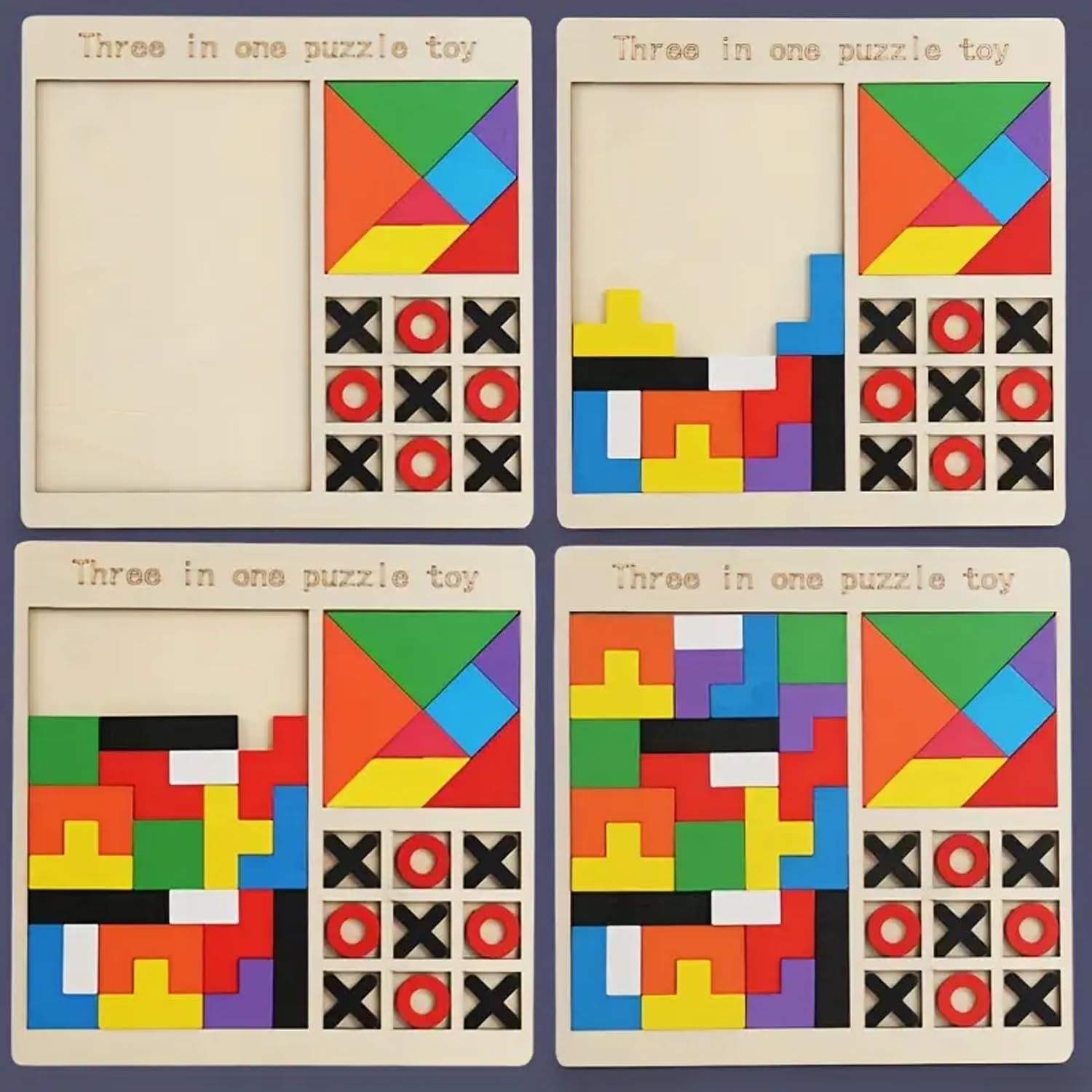 Fidtoy Jeu de Société en Bois 3-en-1 Tetris, Chiffres et Casse-tête pour Enfants, Planche en Bois avec Blocs de Construction, Tangram et Tic-Tac-Toe, Jouet de Motricité Fine et de Stratégie pour les 2-6 Ans