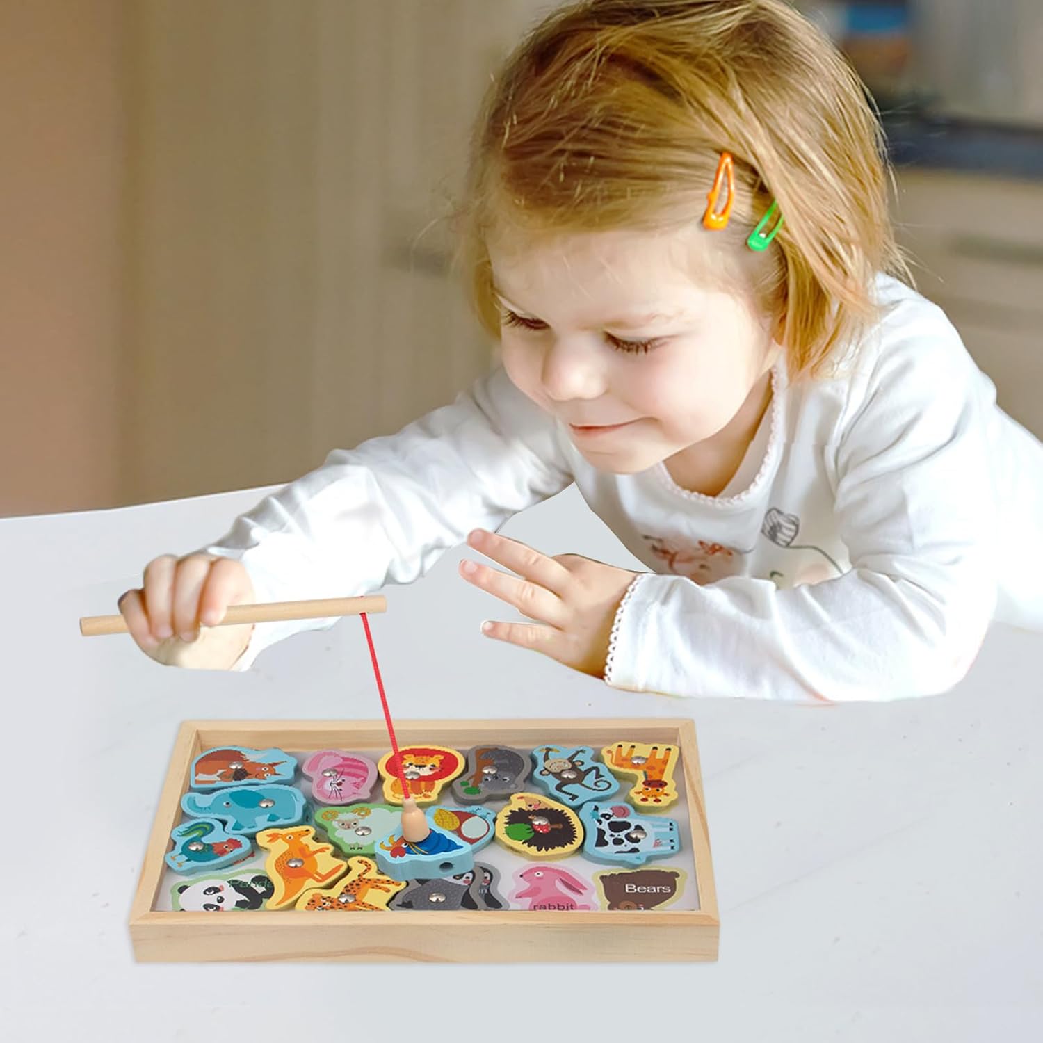 Jouets de Pêche en Bois, Jeu de Pêche Magnétique 2 en 1 Sûr et Inoffensif - Jeu de Pêche Montessori Sans Bord Pointu Cadeau d'Anniversaire Noël pour Garçons Filles Hiyoyo