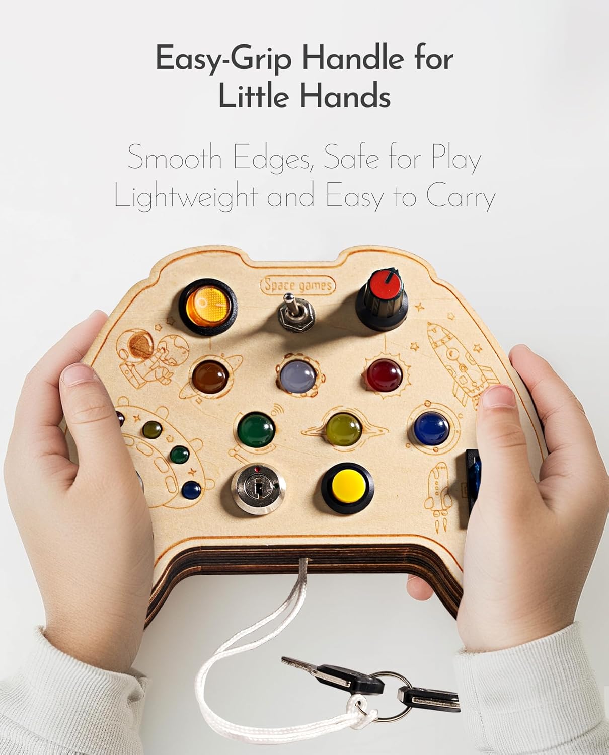 KidMigo Planche d'activités Montessori en bois avec interrupteur LED et interrupteurs à clé pour la motricité fine, jouets sensoriels pour les 2-5 ans et plus