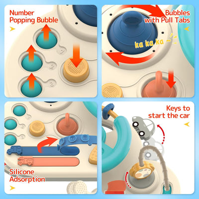 Fidtoy Volant d'activités Montessori pour bébé à tirer – Jouet sensoriel de voyage avec cordes à tirer, bulles, boutons et jeu de motricité fine