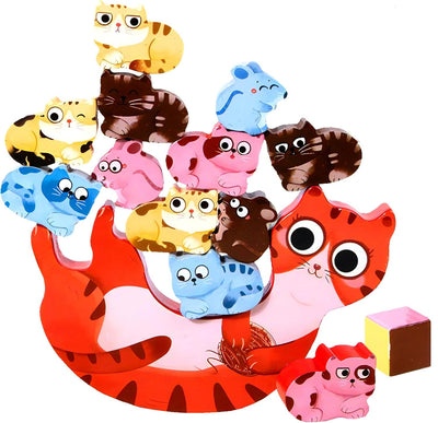 Fidtoy Wooden Kitten Balance 14 Pieces Learning Toy Montessori Animal Stacking Game for Kids Ages 3+