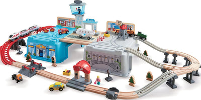 Fidtoy Juego de Tren de Madera para Ciudad, Juguete de Construcción de Ferrocarril de 80 Piezas para Niños