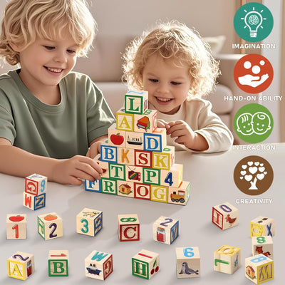 Fidtoy Boîte de Blocs de Construction de Mots en Bois avec Cartes, Ensemble de Blocs Alphabet et de Cartes Illustrées avec 27 Blocs, 20 Cartes Double Face et Boîte de Rangement Âge 3+