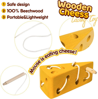 USATDD Jouets à lacer en bois en forme de fromage, jouets à enfiler pour la motricité fine, jeu de voyage en avion ou en voiture, puzzle Montessori pour la cognition préscolaire, cadeau pour les tout-petits et les enfants de 3 ans et plus