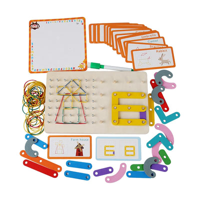 Fidtoy Wooden Geo Montessori Bands and Pattern Cards with Drawing Card Geoboard Shape Building Toy for Kids Ages 2 to 6