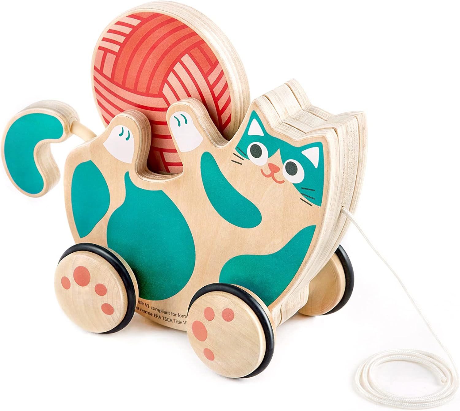 Fidtoy Juguete de arrastre con forma de gatito para bebés, juguete de madera con ruedas para niños pequeños