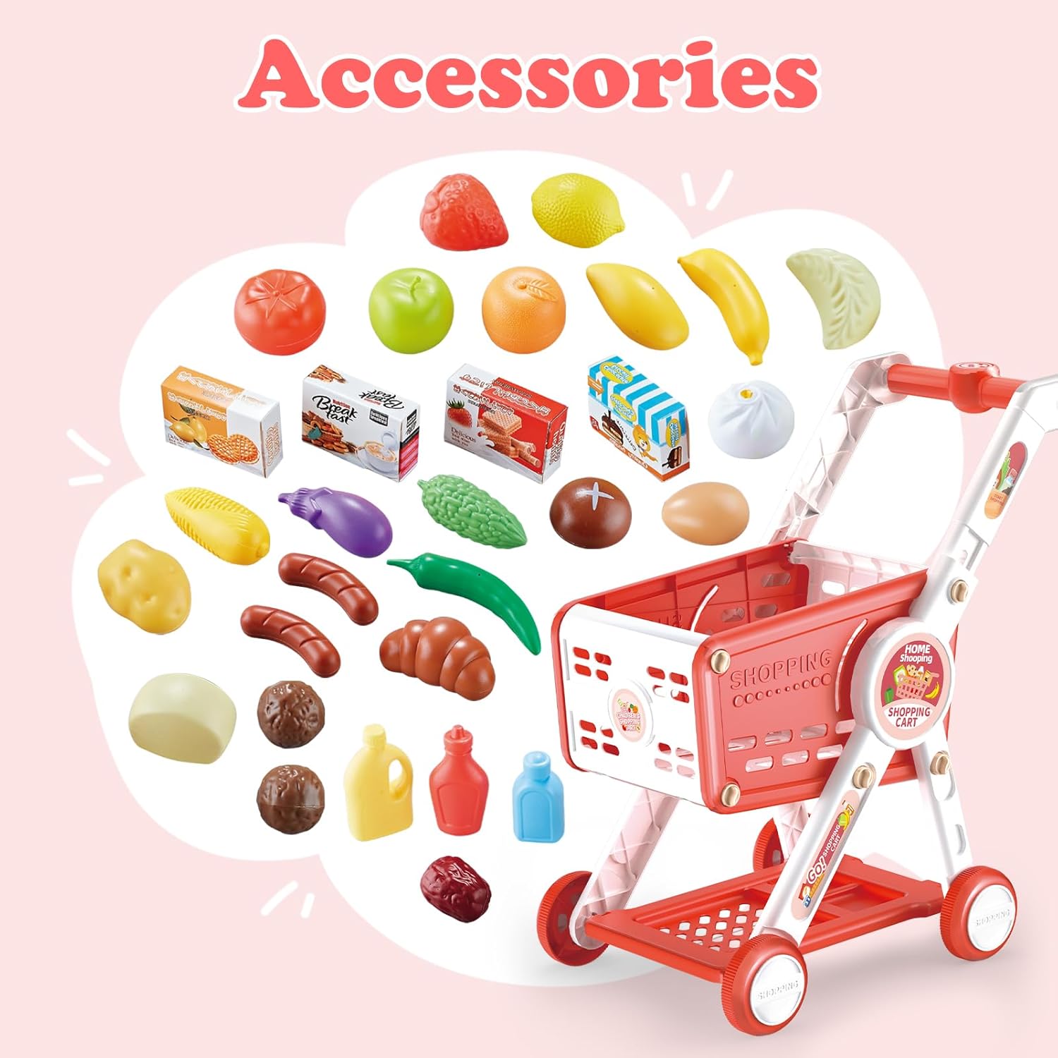 Fidtoy Caddie de Supermarché Enfant avec Accessoires de Jeu d'Imitation Aliments, Chariot de Supermarché Réglable pour Tout-Petits