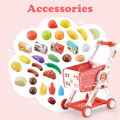 Fidtoy Caddie de Supermarché Enfant avec Accessoires de Jeu d'Imitation Aliments, Chariot de Supermarché Réglable pour Tout-Petits
