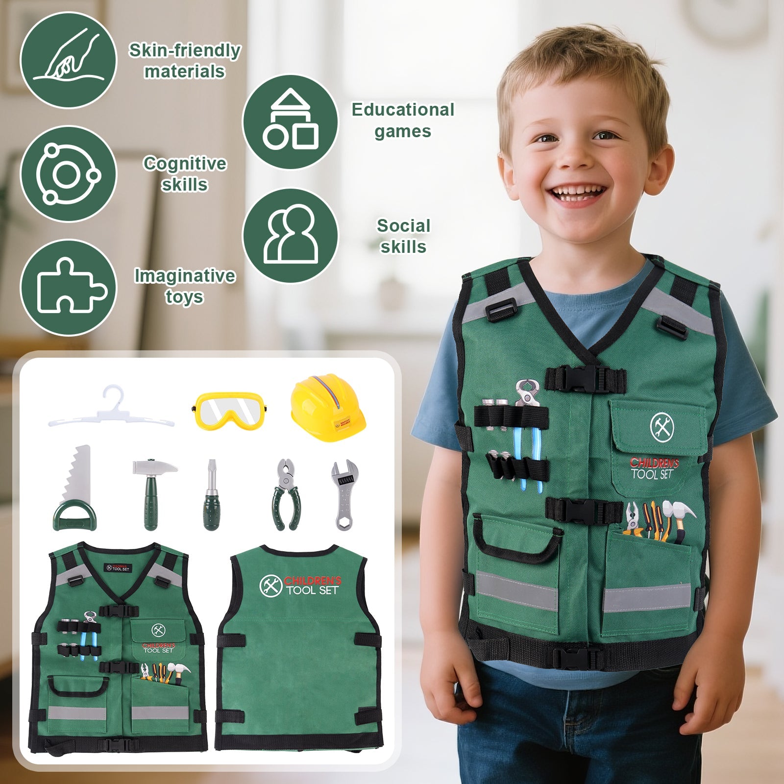 Juego de ropa de juego de rol de construcción, disfraz de juego de rol, chaleco de constructor realista, casco de seguridad, herramientas de juguete y accesorios, kit de juego de simulación STEM para niños y niñas de 3 años en adelante - Regalo de disfraz