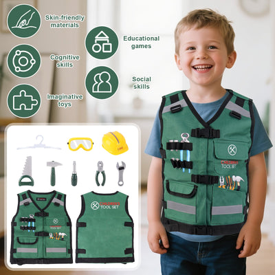 Juego de ropa de juego de rol de construcción, disfraz de juego de rol, chaleco de constructor realista, casco de seguridad, herramientas de juguete y accesorios, kit de juego de simulación STEM para niños y niñas de 3 años en adelante - Regalo de disfraz