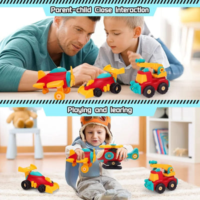 Fidtoy DIY Assembly Vehicle Toy Set 4 Pieces for Kids Ages 3-8, Take Apart Vehicle Playset with Screwdriver, Build and Disassemble Toy Cars for Fine Motor Skills, Problem Solving and Hands-On Engineering Play