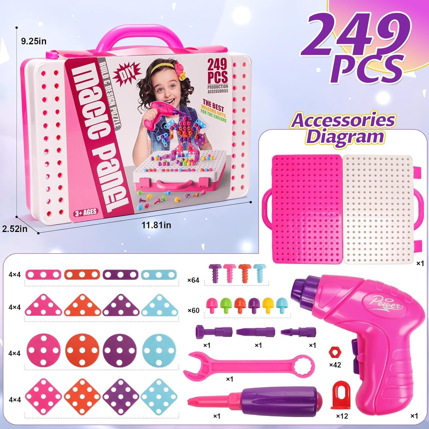 Fidtoy 3 in 1 DIY Creative Magic Panel Electric Drill Tool Play Set for Kids | STEM Construction Building Toy with Portable Storage Case - Pink