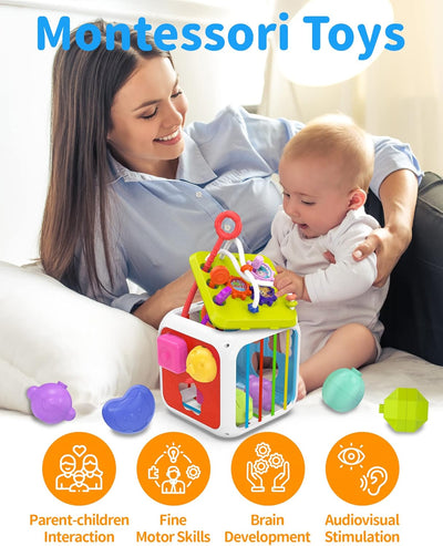 Fidtoy Cube d'activités Montessori 7-en-1 pour tout-petits – Cube d'apprentissage sensoriel multifonctionnel avec trieur de formes, xylophone, engrenages, perles, ficelle à tirer et blocs empilables
