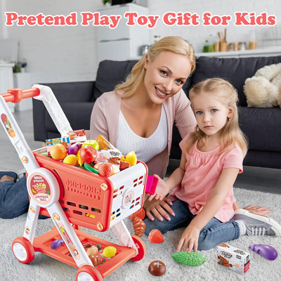 Fidtoy Caddie de Supermarché Enfant avec Accessoires de Jeu d'Imitation Aliments, Chariot de Supermarché Réglable pour Tout-Petits