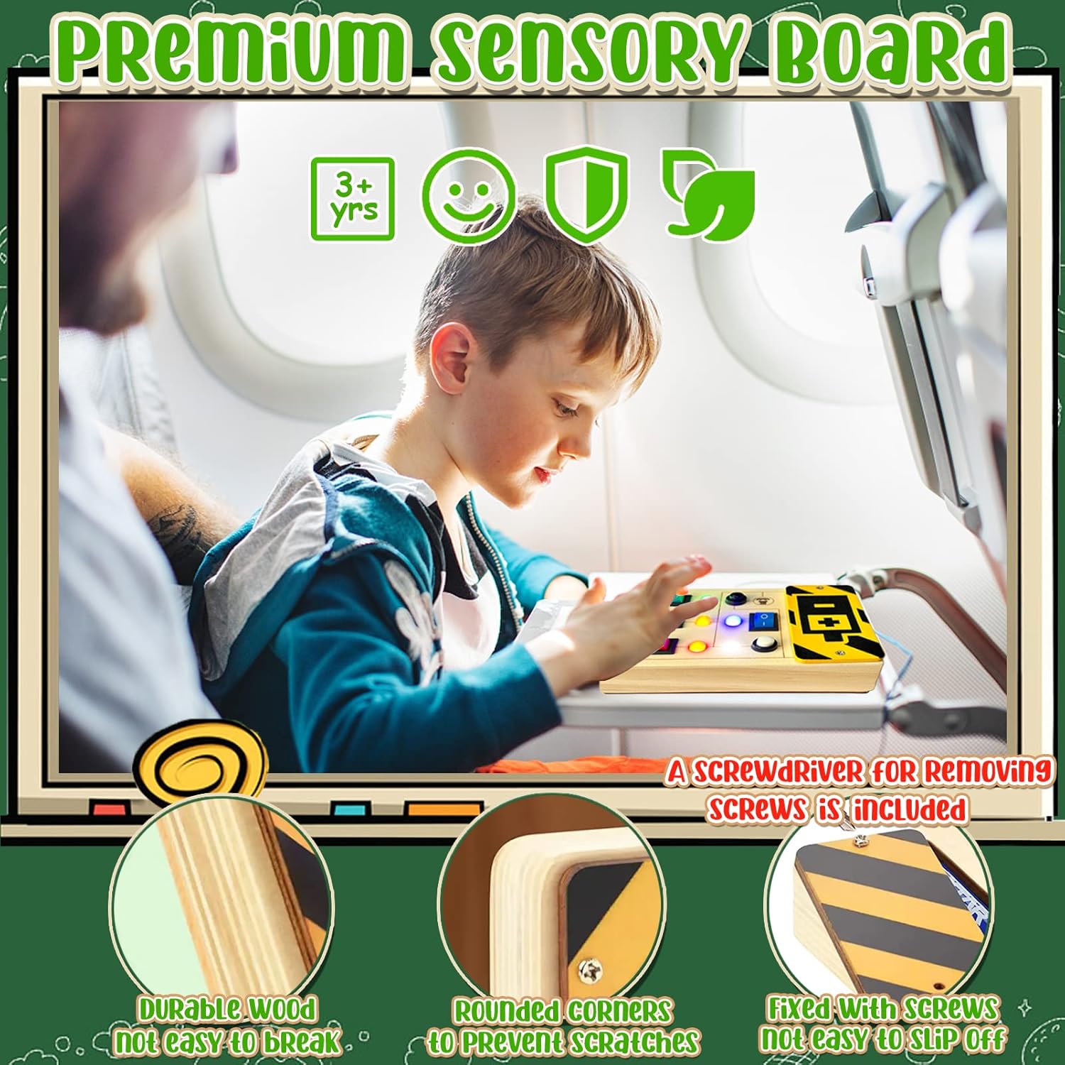 TEUVO Planche d'activités lumineuse LED pour tout-petits avec sons, jouets de voyage sensoriels Montessori en bois avec boutons pour occuper les enfants, cadeaux pour garçons et filles de 3 ans et plus